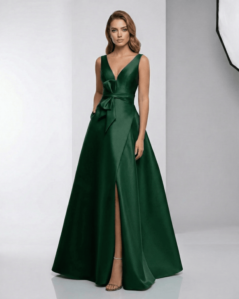 Emerald Maxi Dress by Lauven, satin A-line, V-neck, floor-length, elegant evening wear with a stylish slit.