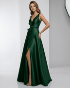 Emerald Maxi Dress featuring satin A-line silhouette, deep V-neckline, and elegant floor-length cut by Lauven.