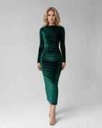 Emerald Midi Dress by Lauven, showcasing sleek polyester sheath with ruched detailing for a stylish and elegant look.