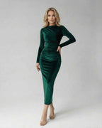 Emerald Midi Dress by Lauven, showcasing sleek polyester fabric with ruched details for a flattering silhouette.