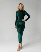 Emerald Midi Dress by Lauven, sleek green velvet sheath dress with ruched detailing, perfect for autumn and winter occasions.