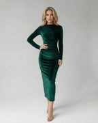 Emerald Midi Dress by Lauven, featuring a sleek polyester sheath with ruched detailing for a stylish autumn look.
