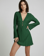 Emerald Mini Dress by Lauven, pleated deep green dress with long sleeves and V-neckline, perfect for stylish occasions.
