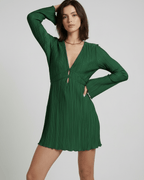 Emerald Mini Dress by Lauven featuring pleated long sleeves and deep V-neck in rich green.
