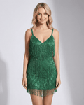 Emerald Mini Dress by Lauven featuring green sequin fringe for a stunning party look.