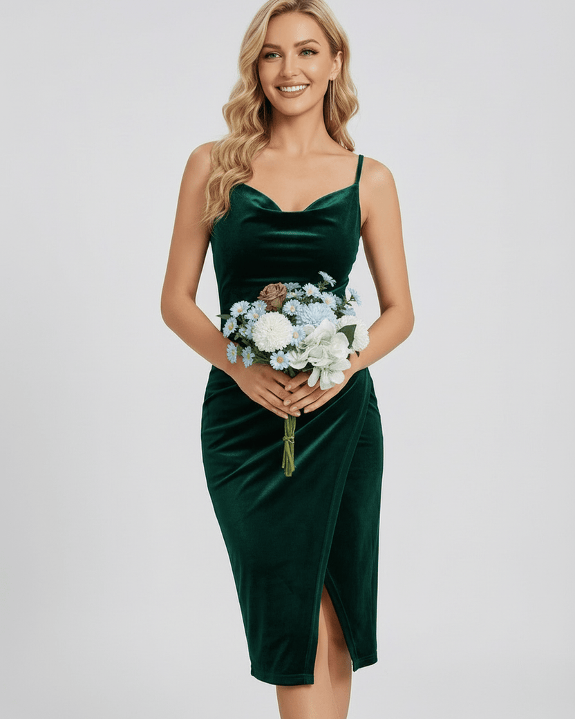 Emerald Mini Dress - Green Velvet Cowl Neck Sheath with Slit, perfect for elegant occasions, Lauven brand.