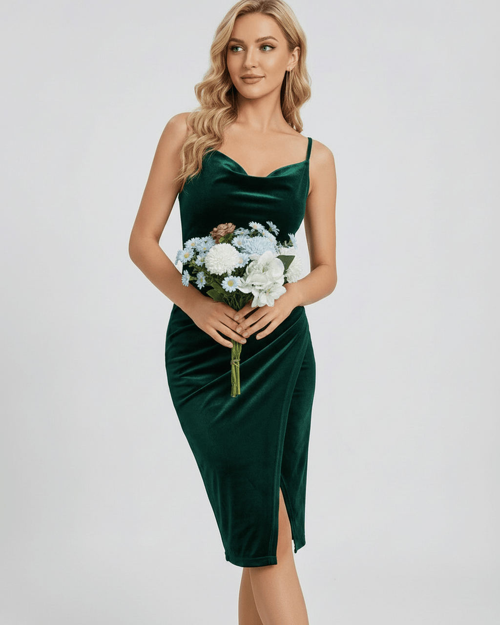Emerald Mini Dress: Green velvet cowl neck sheath with elegant slit, designed by Lauven for modern occasionwear.