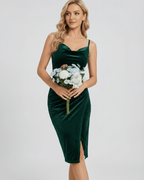 Emerald Mini Dress: Green velvet cowl neck sheath with elegant slit, designed by Lauven for modern occasionwear.