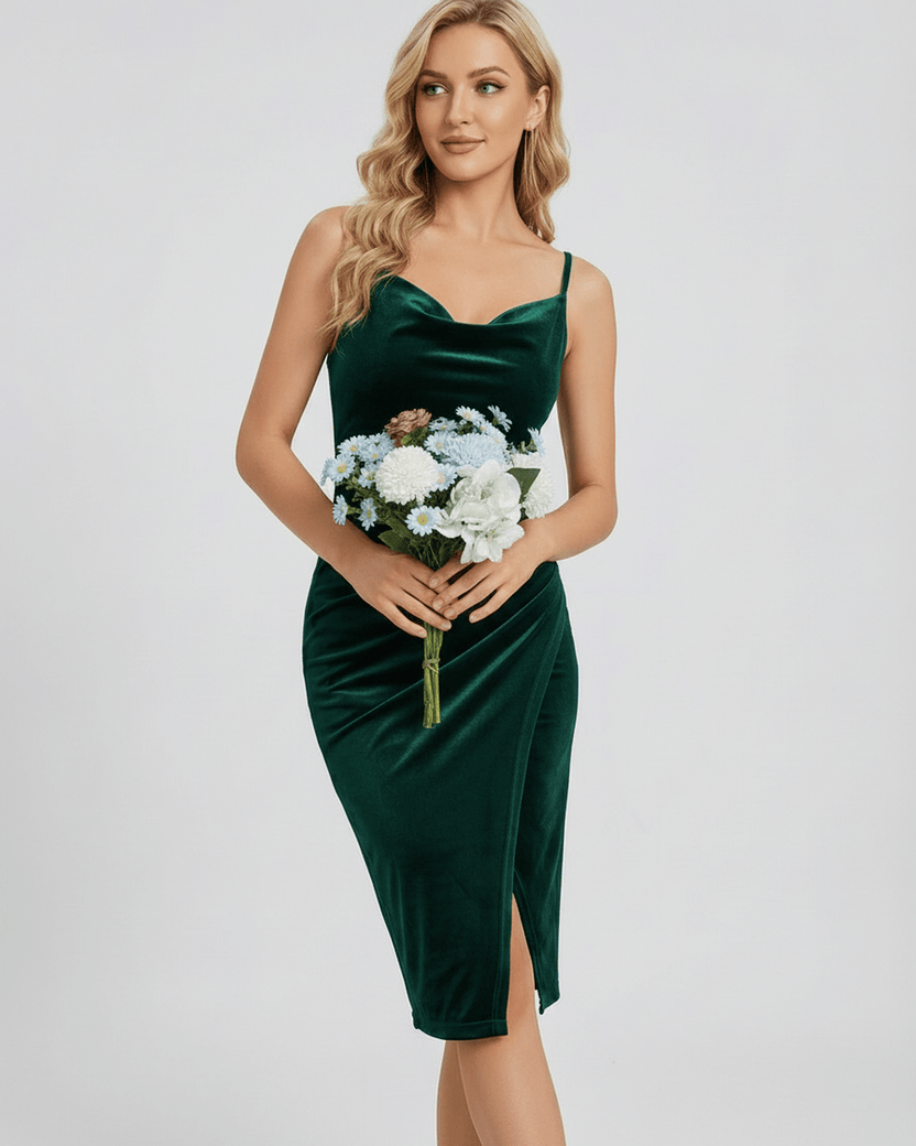 Emerald Mini Dress: Green velvet cowl neck sheath with elegant slit, designed by Lauven for modern occasionwear.