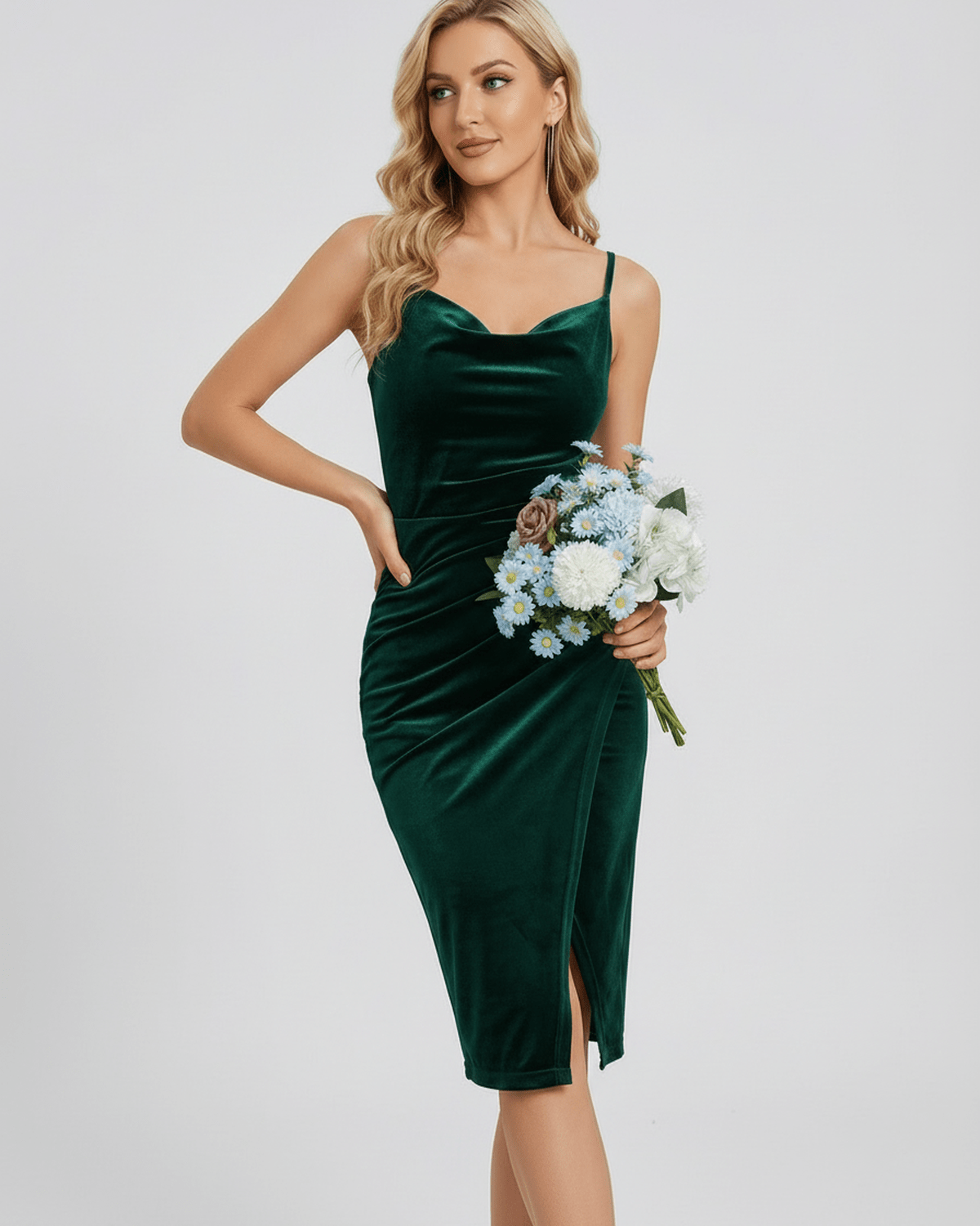 Emerald Mini Dress – Green Velvet Cowl Neck Sheath with Elegant Slit by Lauven, perfect for elevated occasions.