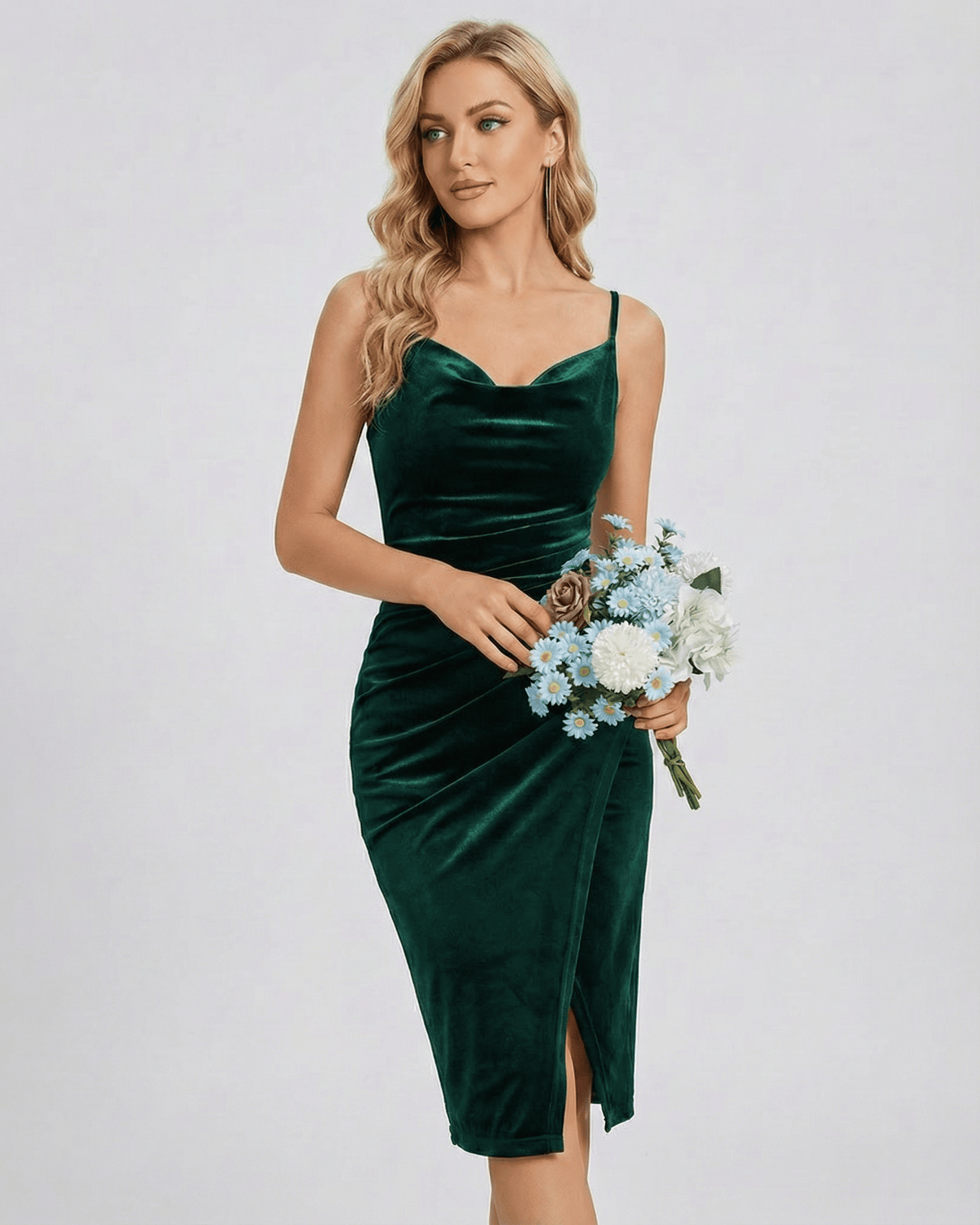 Emerald Mini Dress with elegant cowl neck and slit, featuring luxurious green velvet by Lauven brand.