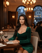 Emerald Mini Dress by Lauven, featuring a luxurious green velvet fabric in an elegant dining setting.
