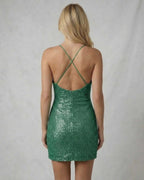 Emerald Mini Dress by Lauven, back view, showcasing luxurious sequin finish and crisscross spaghetti straps.