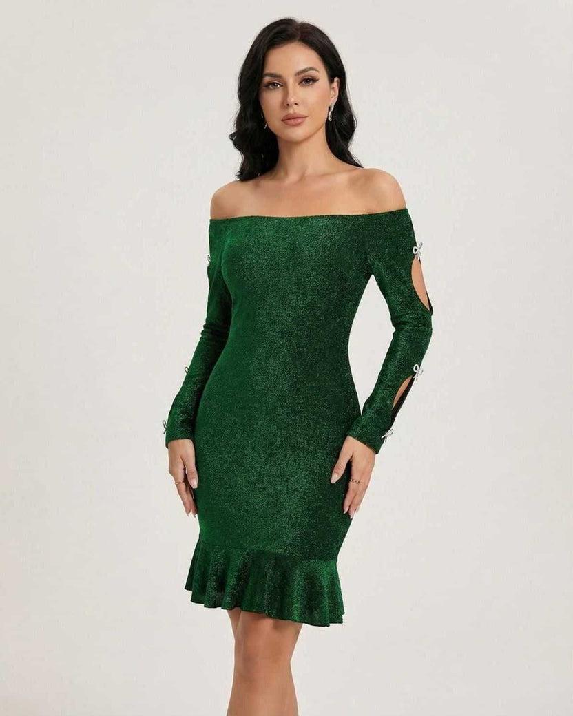 Emerald Mini Dress by Lauven featuring an off-the-shoulder neckline and cutout details in deep green fabric with shimmer.
