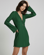 Emerald Mini Dress by Lauven, pleated long sleeve mini dress in deep green, featuring a deep V-neckline and flared sleeves.