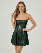 Emerald Mini Dress from Lauven, featuring sequins and a flattering A-line silhouette for a stylish look.