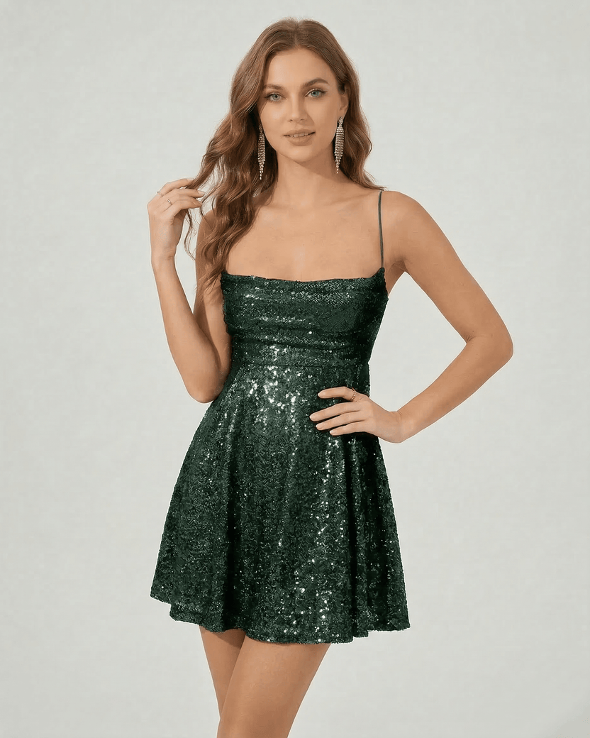 Emerald Mini Dress from Lauven, featuring sequins and a flattering A-line silhouette for a stylish look.