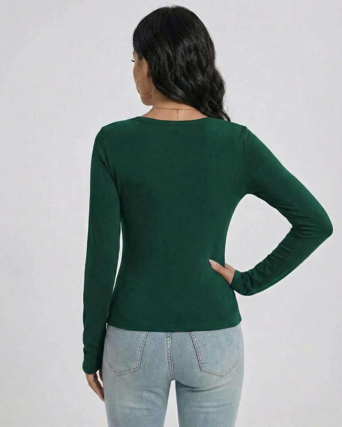 Back view of a woman wearing the Lauven Emerald Pullover, a green slim fit V-neck long sleeve sweater.