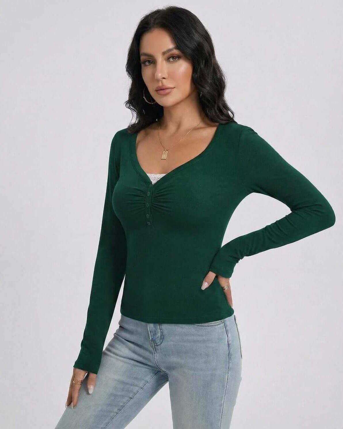 Emerald Pullover by Lauven – Women’s Slim Fit V-Neck Long Sleeve Pullover with Button Detail, elegant and versatile.