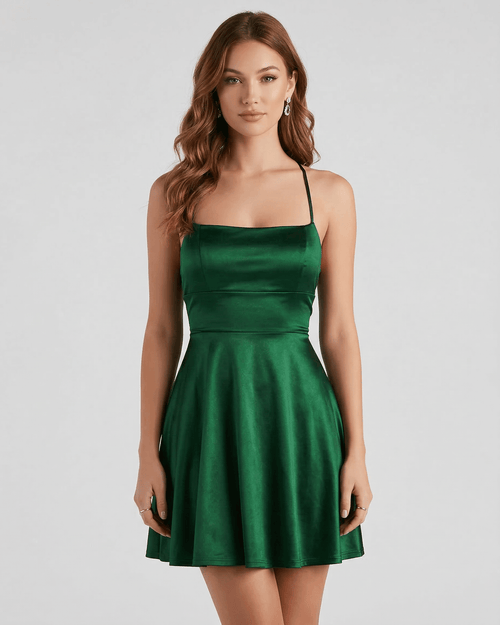 Emerald Satin Mini by Lauven – Elegant green A-line mini dress with a smooth satin finish.