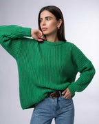 Emerald Sweater by Lauven featuring a relaxed fit and ribbed knit texture in vibrant green.