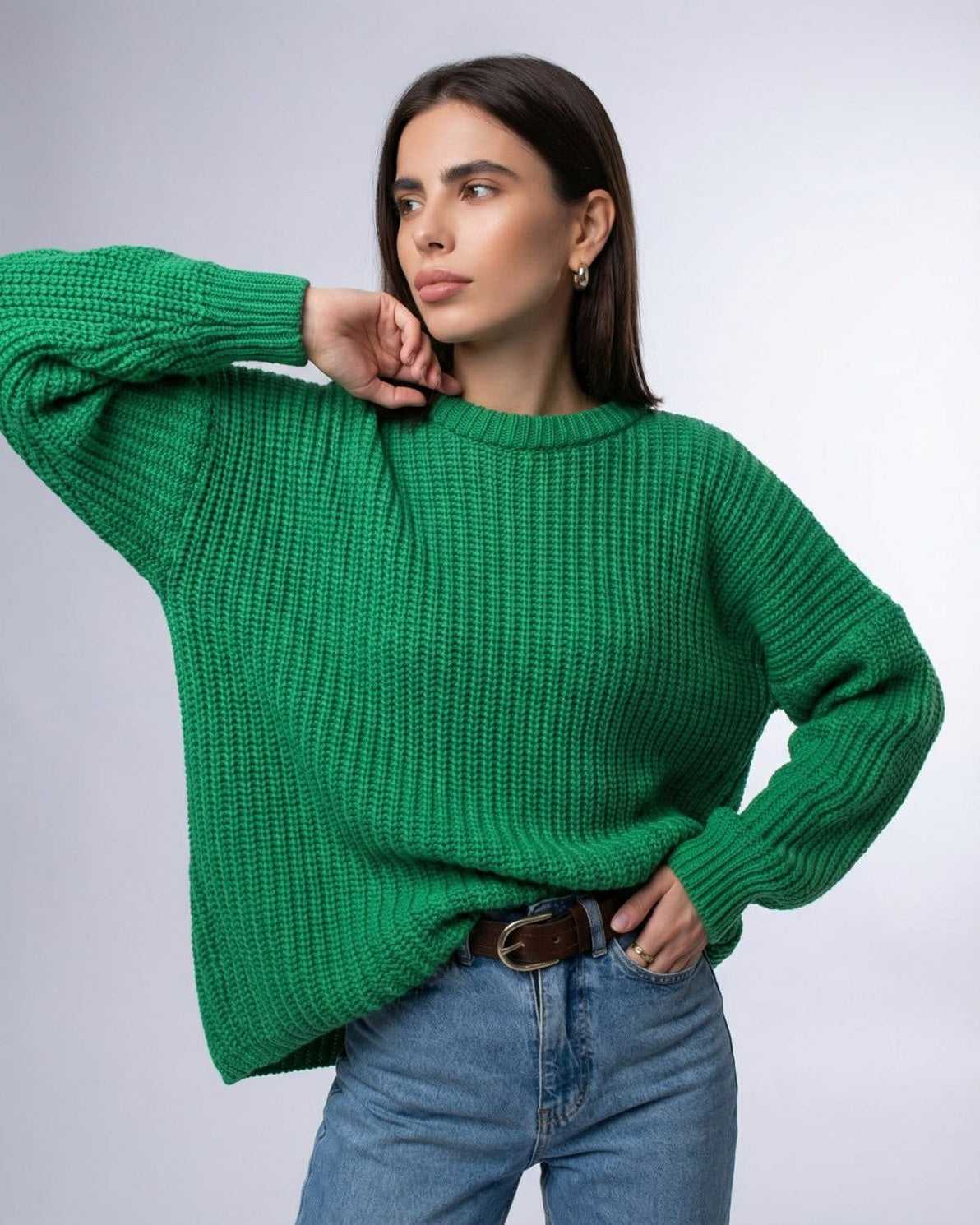 Emerald Sweater by Lauven featuring a relaxed fit and ribbed knit texture in vibrant green.