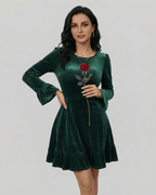Emeraldia Mini Dress by Lauven, deep green long sleeve A-line mini dress with butterfly sleeves and a rose accessory.