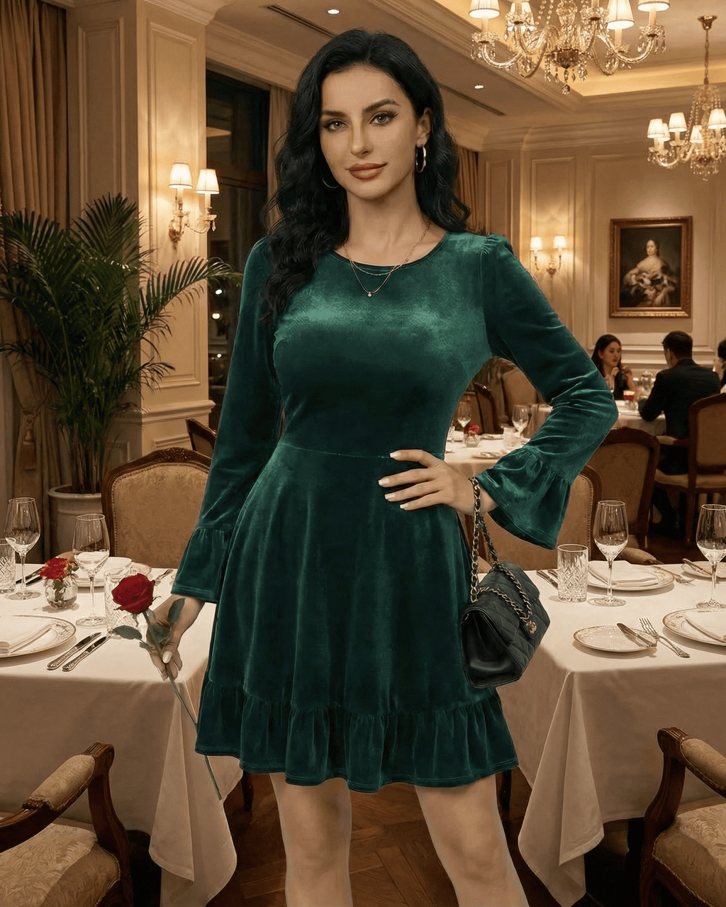 Emeraldia Mini Dress by Lauven worn in deep green velvet with long butterfly sleeves and A-line silhouette.