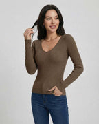 Espresso Pullover by Lauven – Women's V-Neck Slim Fit Sweater in Brown Ribbed Knit