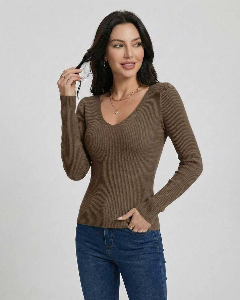Espresso Pullover by Lauven – Women's V-Neck Slim Fit Sweater in Brown Ribbed Knit