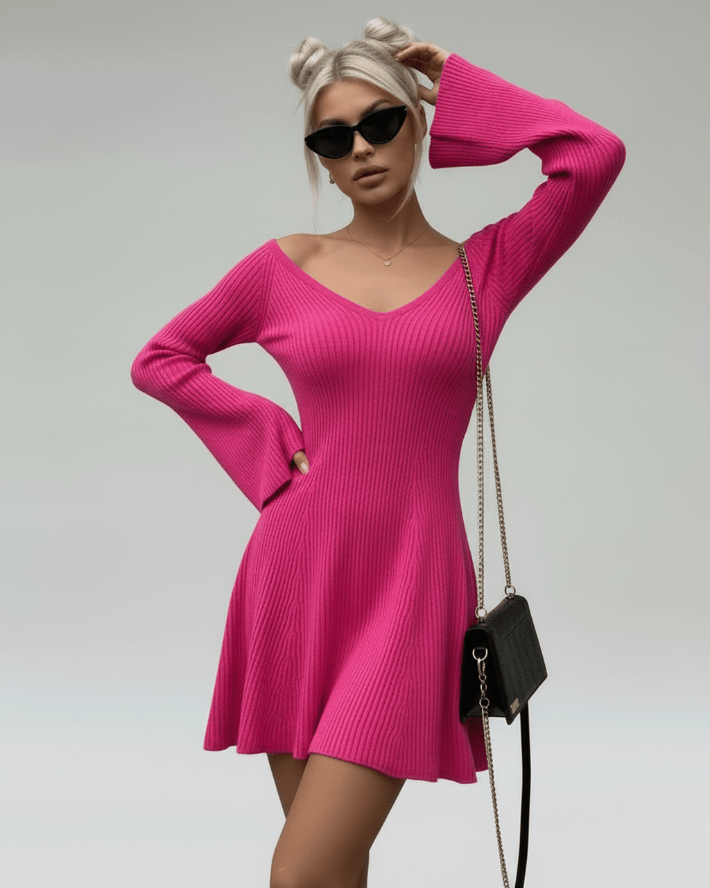 Fiora Mini Dress by Lauven, slim fit pink knit with V-neck, flared sleeves, perfect for a stylish and playful look.