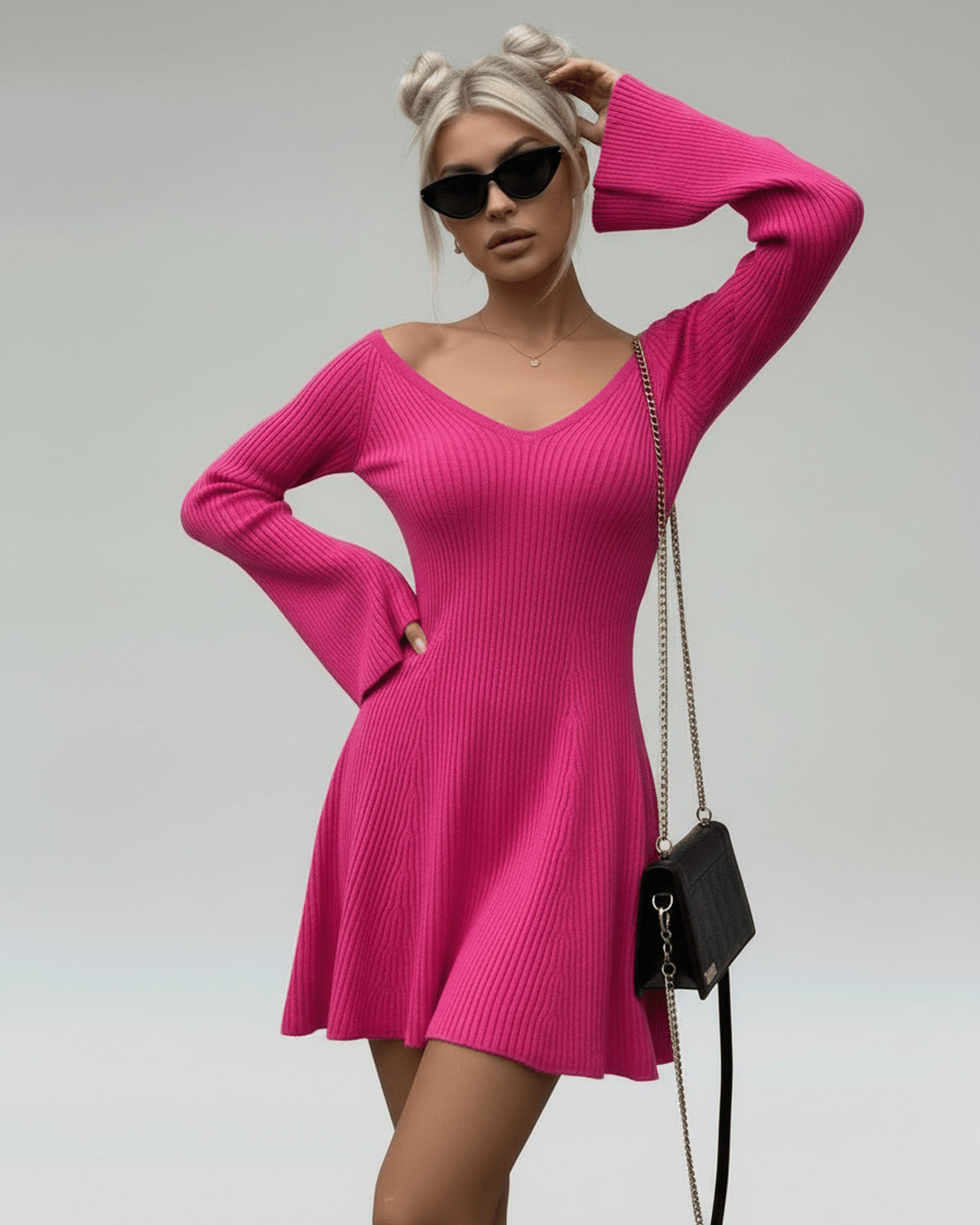 Fiora Mini Dress by Lauven, slim fit pink knit with V-neck, flared sleeves, perfect for a stylish and playful look.