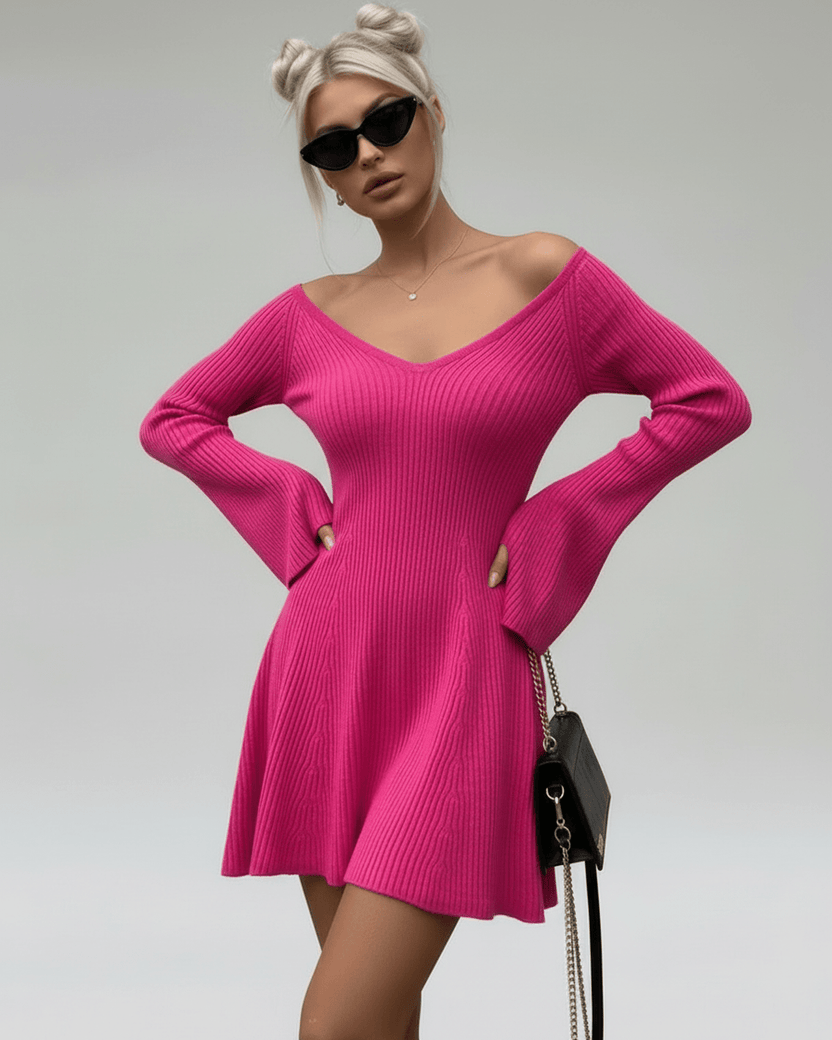 Fiora Mini Dress by Lauven in vibrant pink knit, featuring V-neckline and flared sleeves, perfect for a stylish look.