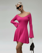 Fiora Mini Dress by Lauven - Slim fit pink knit with V-neck and flared sleeves, perfect for a stylish summer look.