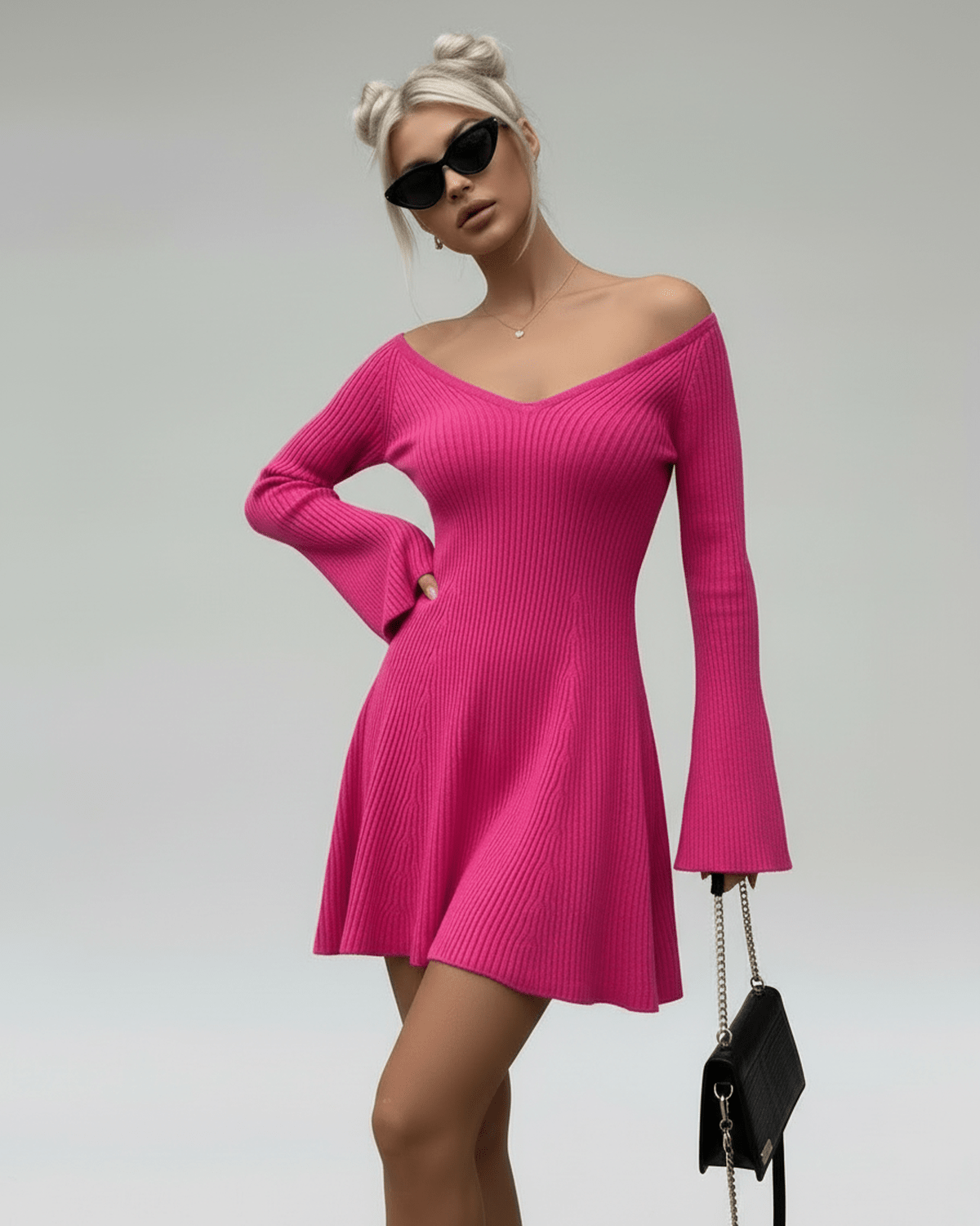 Fiora Mini Dress by Lauven - Slim fit pink knit with V-neck and flared sleeves, perfect for a stylish summer look.