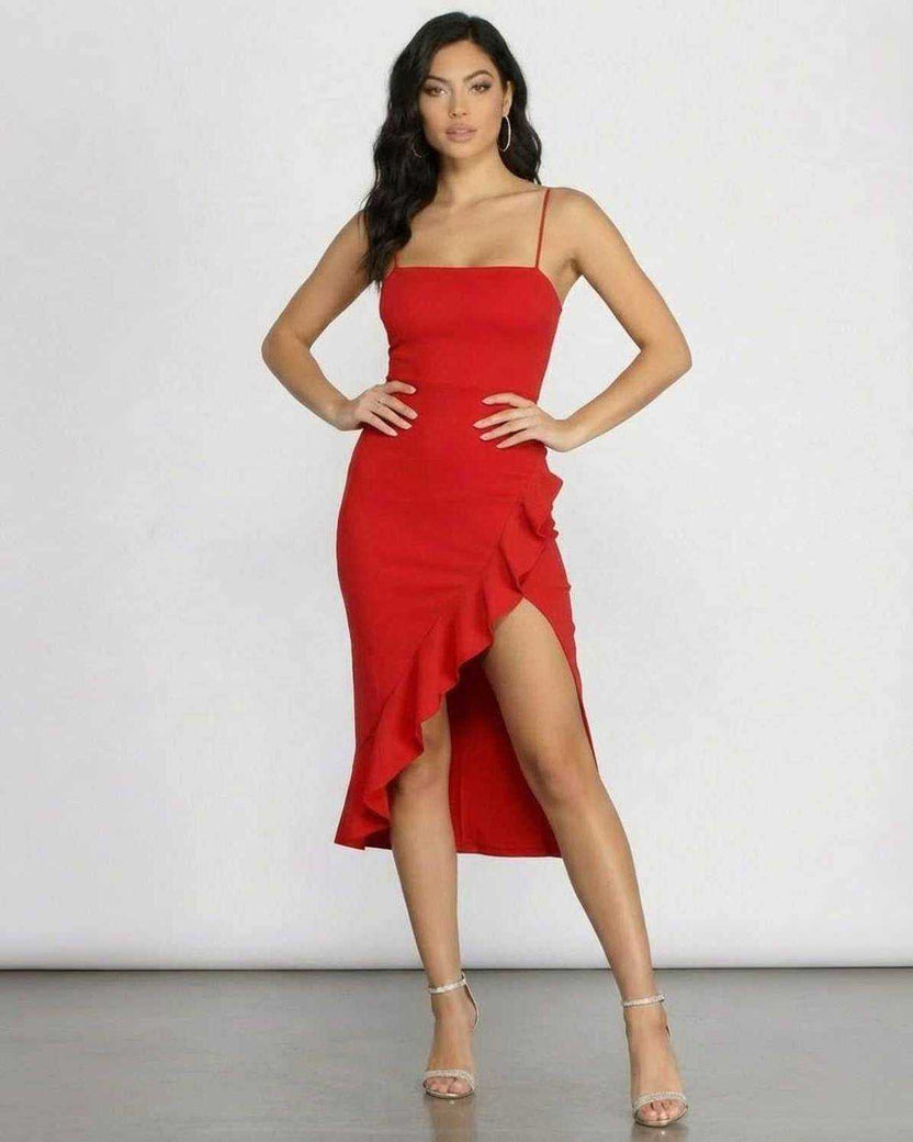 Flamora Midi Dress by Lauven, red ruffled midi with square neckline and asymmetrical hem, showcasing modern elegance.