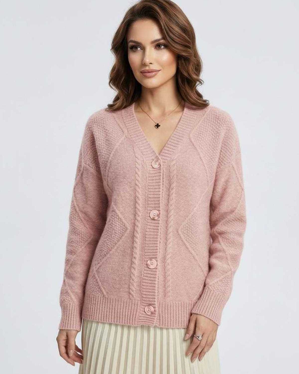 Fleur Cardigan by Lauven - Soft pink long sleeve knitwear with elegant button-down design.