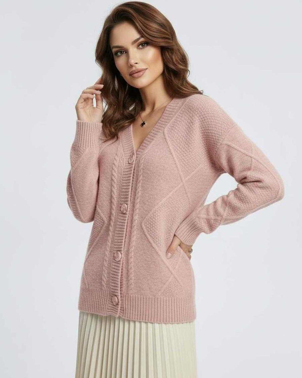 Fleur Cardigan by Lauven: Soft pink long sleeve knitwear with elegant button-down design.