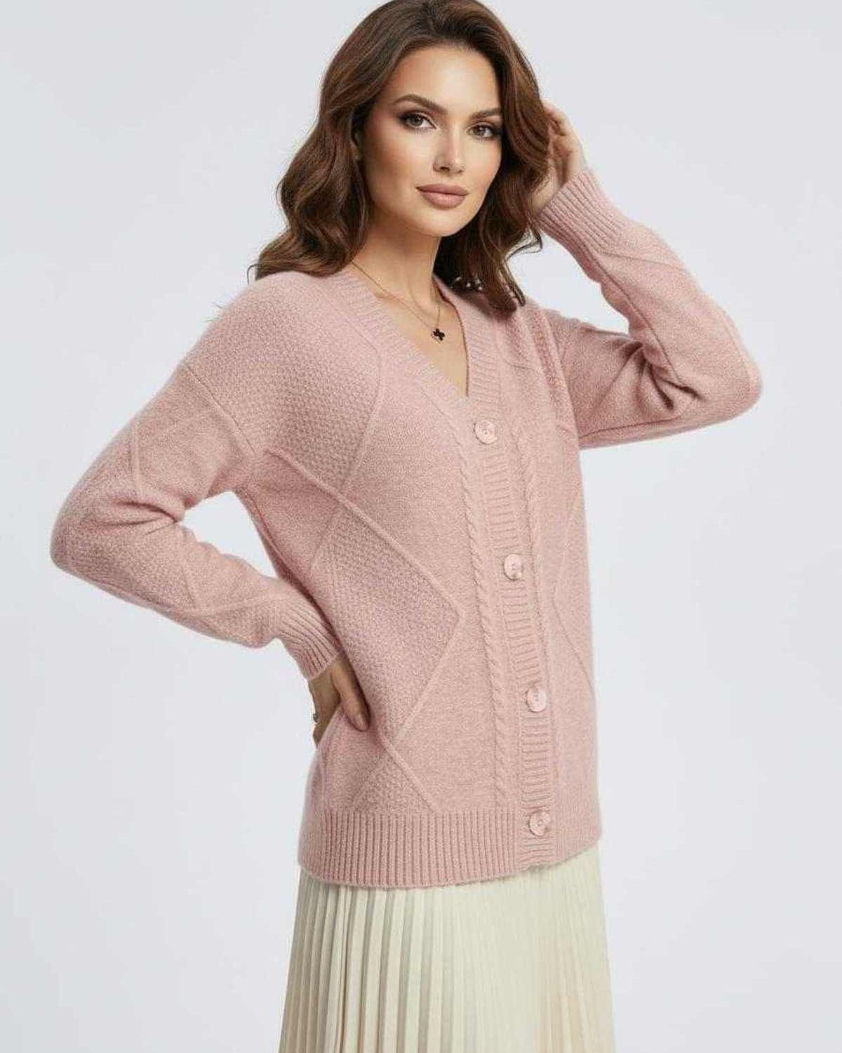 Fleur Cardigan by Lauven in soft pink, long sleeve knitwear with elegant button-down design.