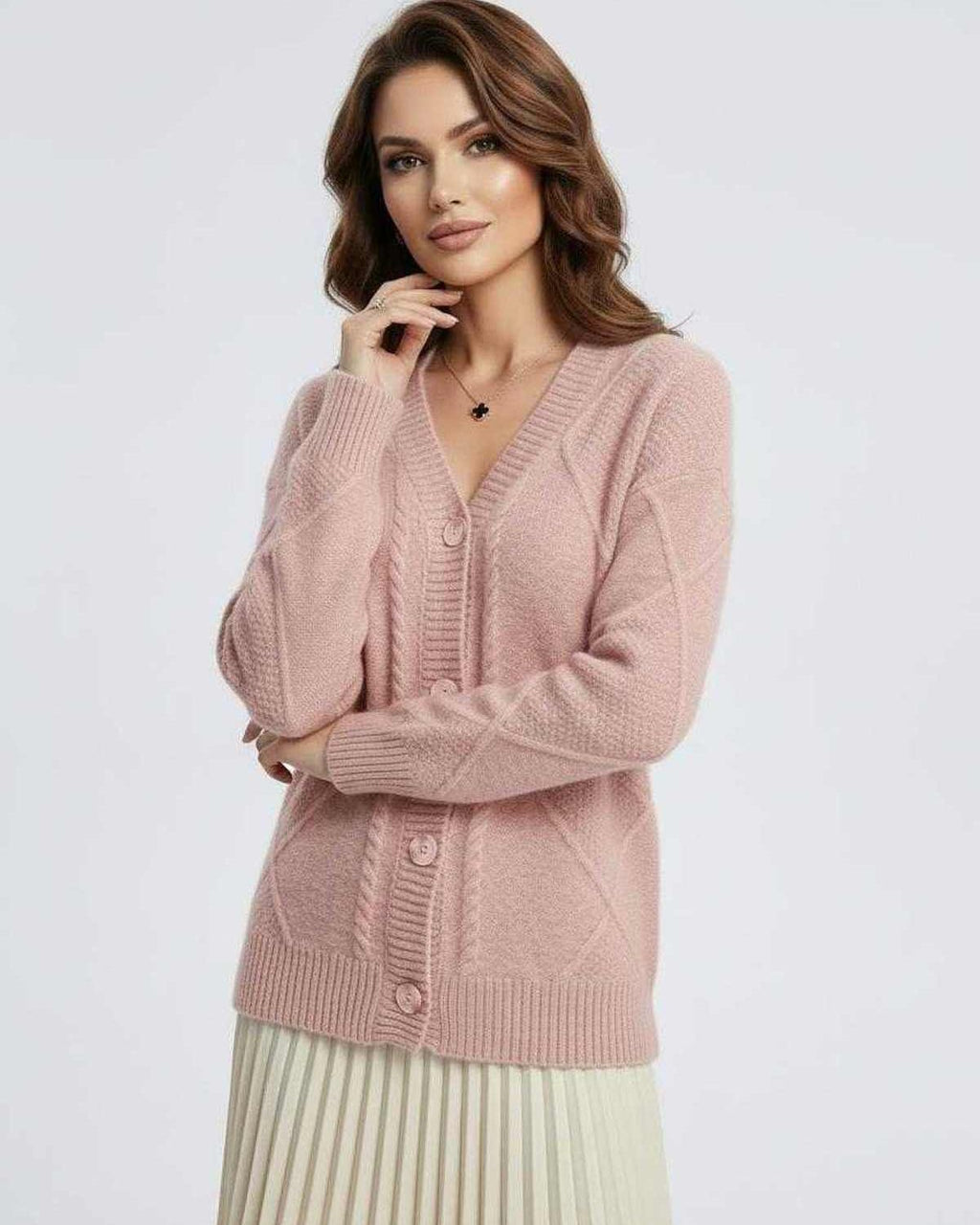 Fleur Cardigan by Lauven in soft pink, featuring long sleeves and elegant button-down design.