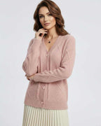 Fleur Cardigan by Lauven in soft pink, featuring long sleeves and elegant button-down design.