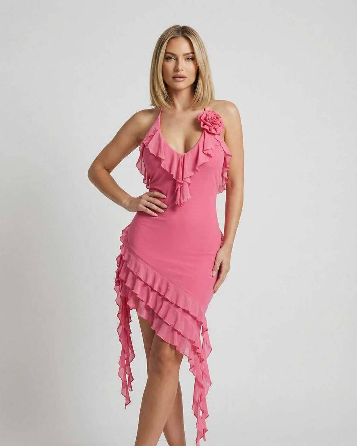 Flora Mini Dress by Lauven in soft pink polyester with ruffle detail and halter-neck design.