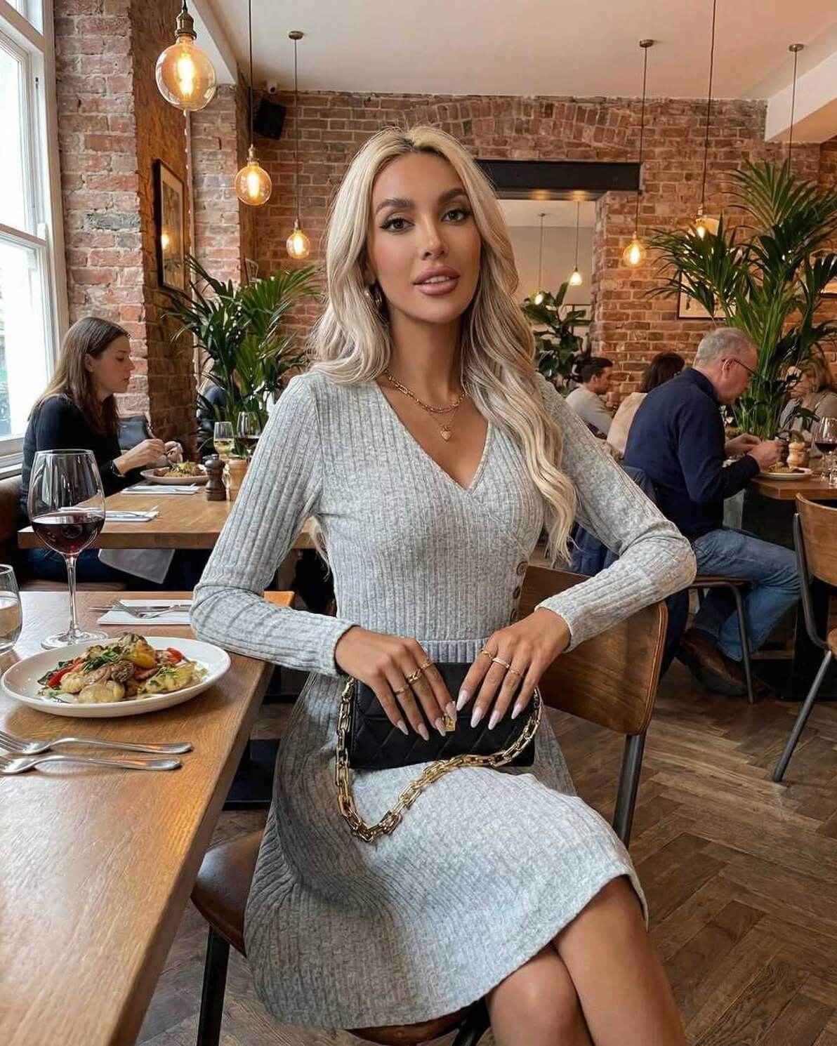Florence Midi Dress by Lauven worn by a woman in a grey ribbed knit at a restaurant, showcasing elegance and sophistication.