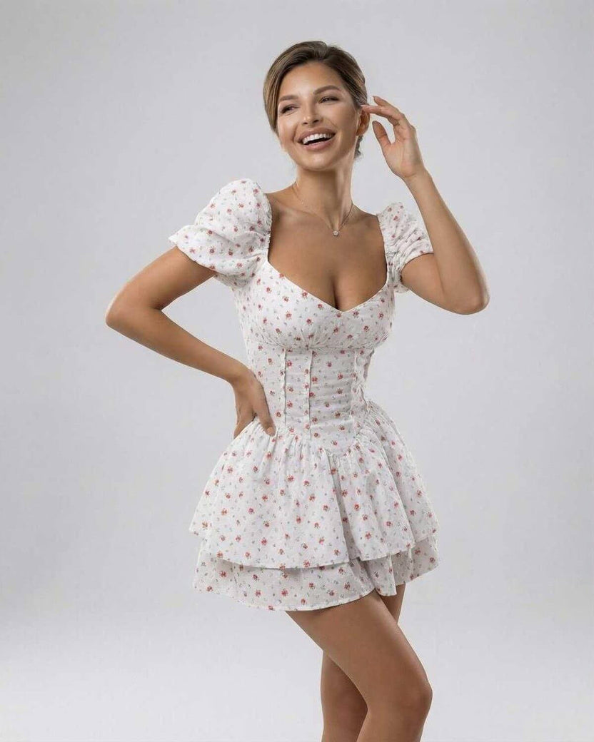Florence Mini Dress by Lauven featuring a floral print A-line silhouette with puff sleeves and V-neck design.