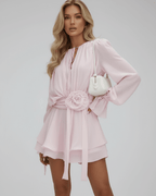 Lauven Florence Mini Dress featuring 3D embellishments and flare sleeves in soft pink.
