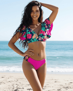 Florence Two-Piece Swimsuit by Lauven, pink floral design, spandex and polyester, perfect for beach outings.