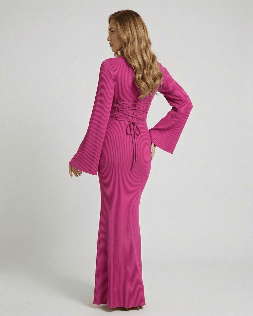 Fuchsia Maxi Dress - Ribbed Knit Long Sleeve Elegant Maxi Dress from Lauven features a smooth, sculpted drape and comfortable stretch.