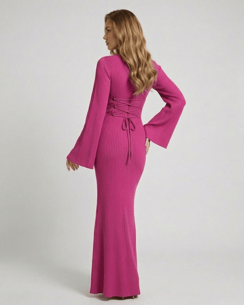 Fuchsia Maxi Dress - Ribbed Knit Long Sleeve Elegant Maxi Dress from Lauven features a smooth, sculpted drape and comfortable stretch.