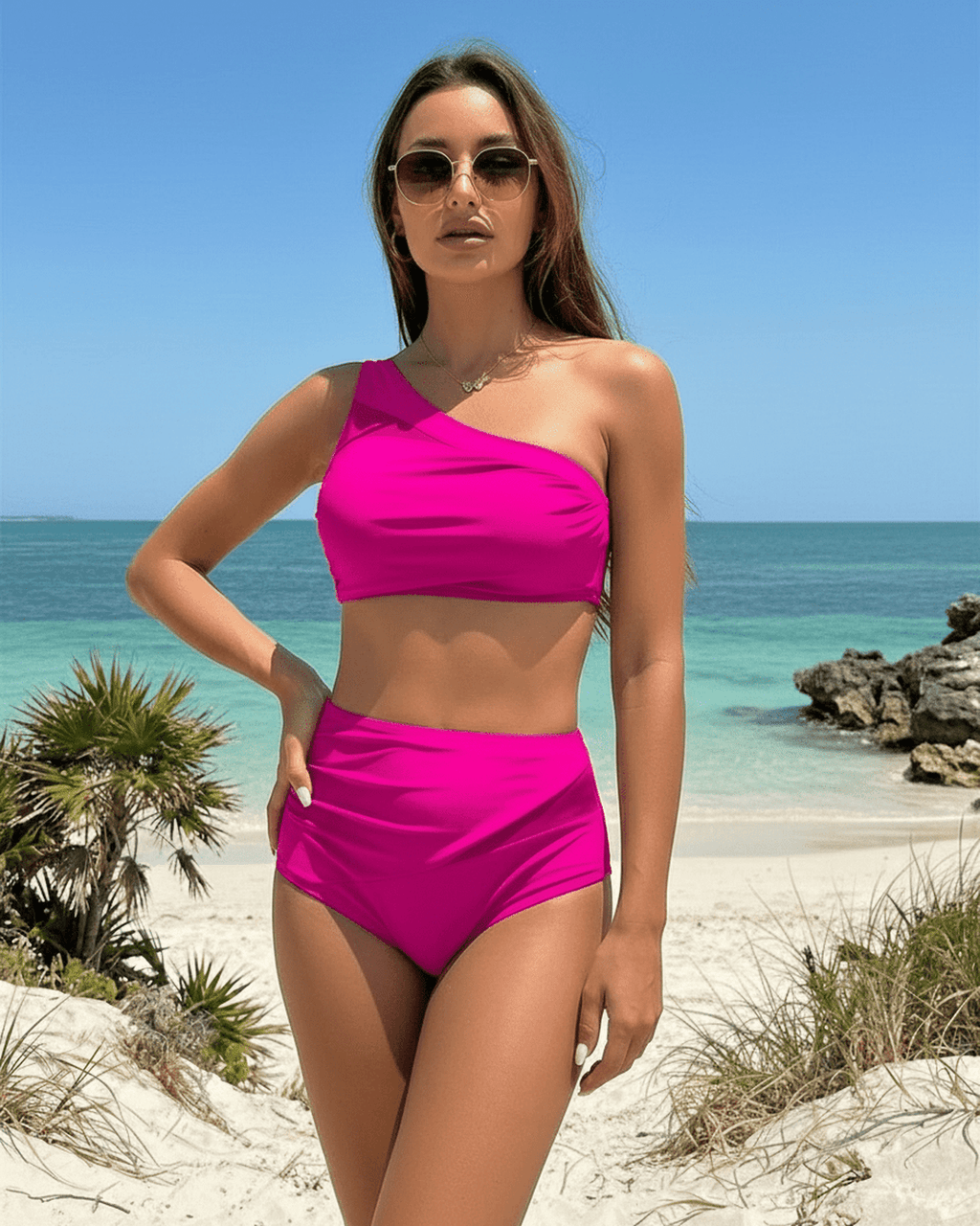 Lauven Fuchsia Two-Piece Swimsuit on model at beach, featuring one-shoulder design and breathable cotton fabric.