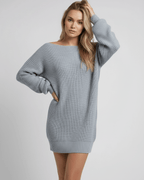 Lauven Glacier Mini Dress in soft light gray with oversized silhouette and lantern sleeves.